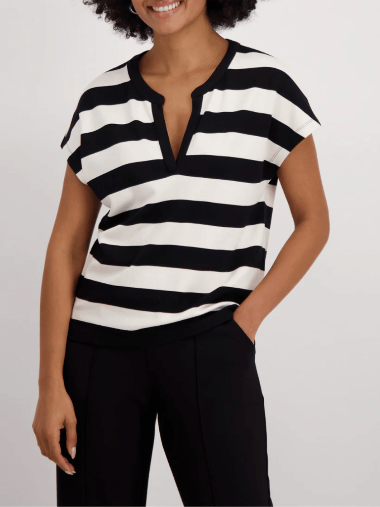 Monari Short Sleeve Relaxed Fit Stripe T-Shirt in Black and White Discover the Elegant Monari Collection at Signature of Double Bay, Shop Stylish Knitwear, Dresses, and Tops Online from Sydney's Premier Mature Fashion Boutique