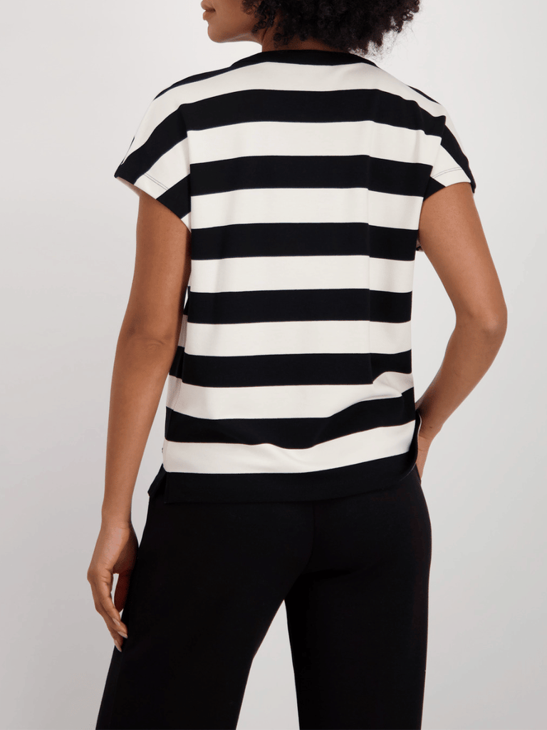 Monari Short Sleeve Relaxed Fit Stripe T-Shirt in Black and White Discover the Elegant Monari Collection at Signature of Double Bay, Shop Stylish Knitwear, Dresses, and Tops Online from Sydney's Premier Mature Fashion Boutique