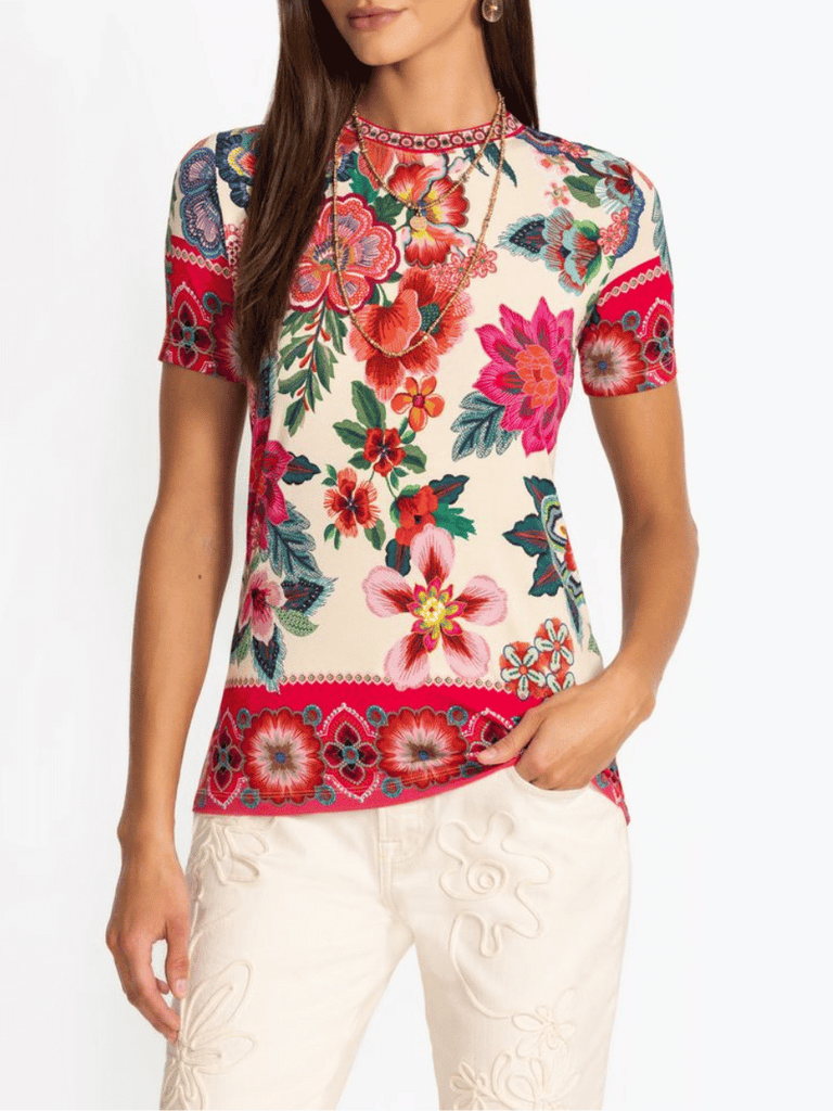 Johnny Was Janie Favourite Crew Neck Short Sleeve Tee in Kali Scarf Print T14925-4 Shop Johnny Was Stockist Sydney Australia Boho Chic Clothing, Embroidered Dresses, and Unique Tops at Signature of Double Bay