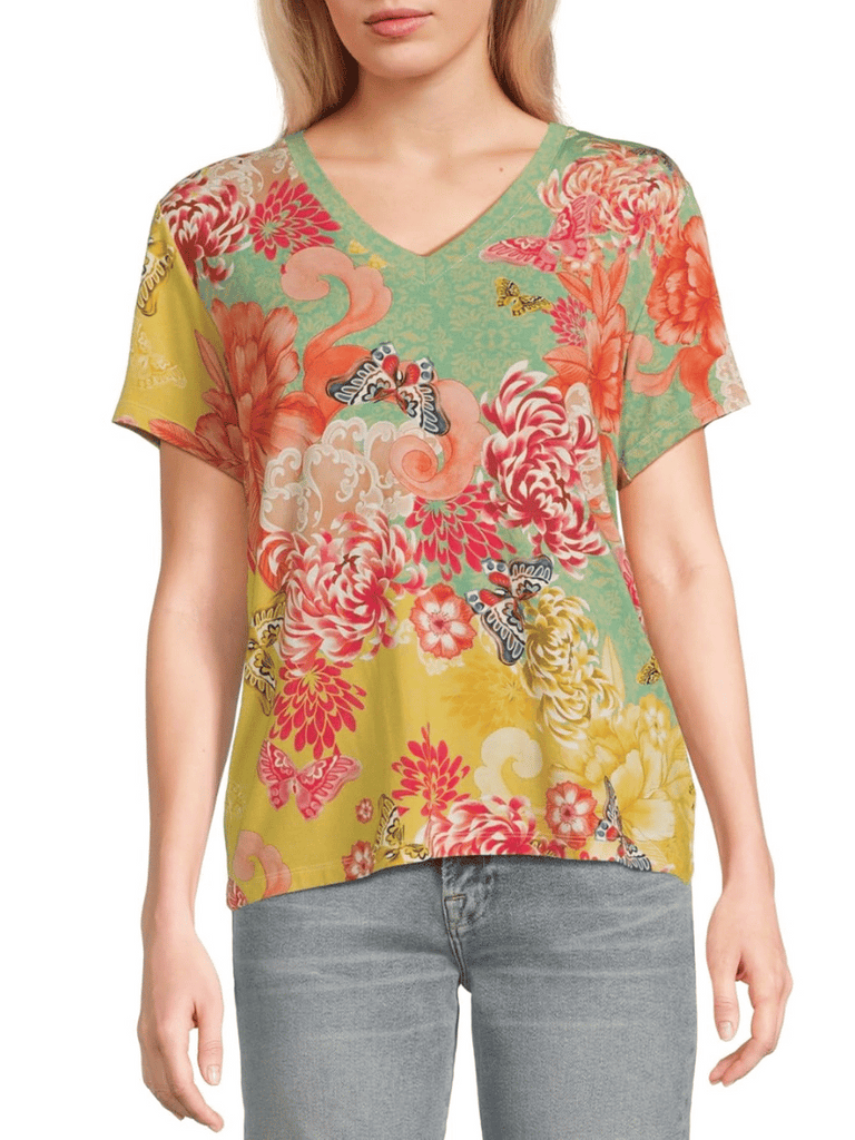 Johnny Was Janie Favourite Short Sleeve V-Neck Tee in Charli Print T15025-4 Shop Johnny Was Stockist Sydney Australia Boho Chic Clothing, Embroidered Dresses, and Unique Tops at Signature of Double Bay