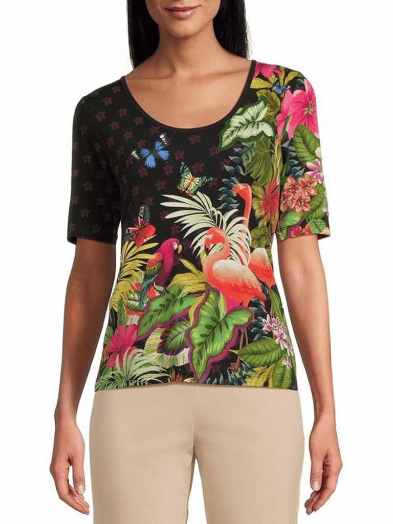 Johnny Was The Janie Favourite Scoop Neck Fitted Tee in Amorina Print Shop Johnny Was Stockist Sydney Australia Boho Chic Clothing, Embroidered Dresses, and Unique Tops at Signature of Double Bay