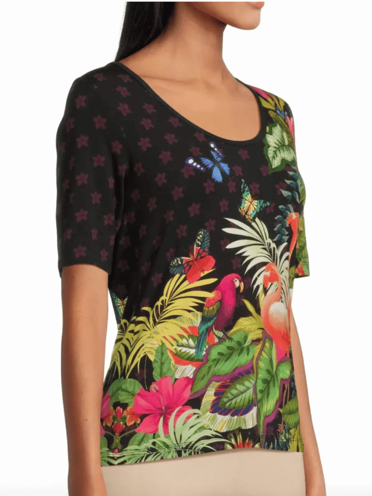 Johnny Was The Janie Favourite Scoop Neck Fitted Tee in Amorina Print Shop Johnny Was Stockist Sydney Australia Boho Chic Clothing, Embroidered Dresses, and Unique Tops at Signature of Double Bay