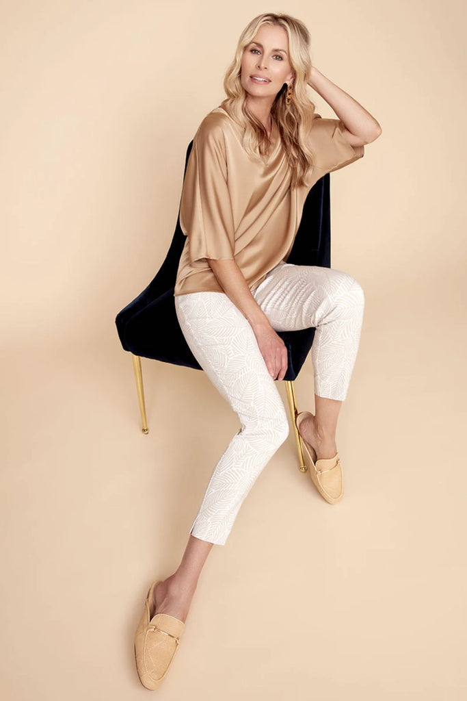 UP! PANTS Tummy Control Ankle Pant 28" in Beige and White Bali Print Up Pants Tummy control stockist online Australia flattering body contouring shaping pants high rise waistband signature of double bay Sydney fashion