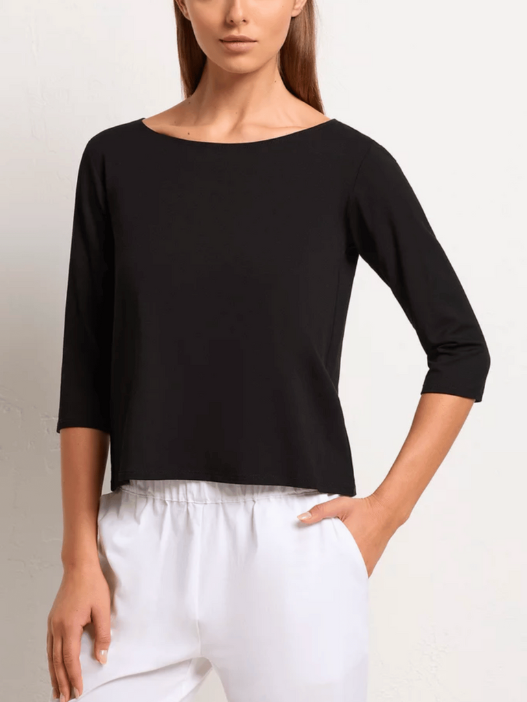 Buy Mela Purdie Online Stockist Sydney Australia Signature of Double Bay Relaxed boat neck top with 3/4 sleeve in black