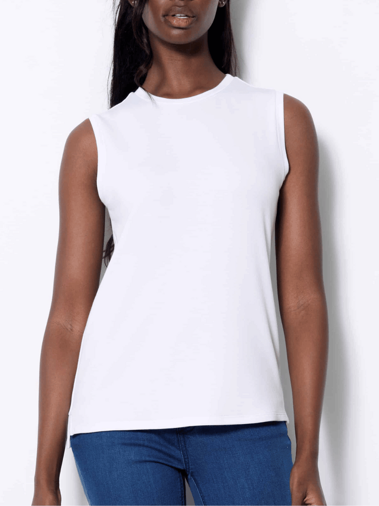 UP! PANTS Provence Sleeveless Shell Top in White Up Pants Tummy control stockist online Australia flattering body contouring shaping pants high rise waistband signature of double bay Sydney fashion