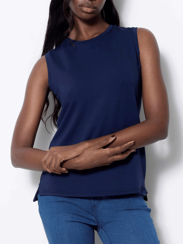 UP! PANTS Provence Sleeveless Shell Top in Harbour navy Blue 30414 Up Pants Tummy control stockist online Australia flattering body contouring shaping pants high rise waistband signature of double bay Sydney fashion