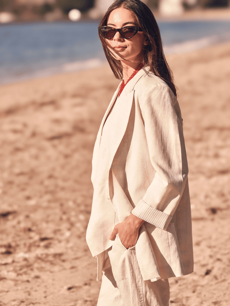 VERGE Longline Linen Yara Blazer in Cashew Beige Verge Stockist Online Australia Signature of Double Bay Mature Fashion Acrobat Flattering