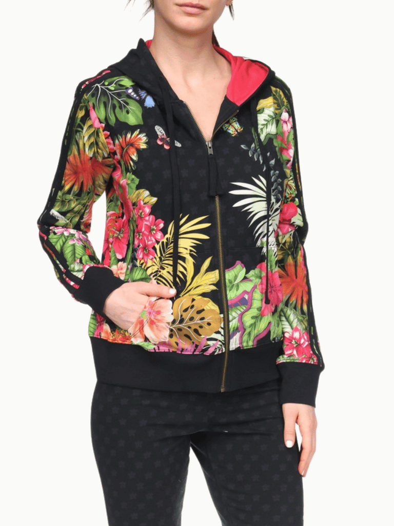 Johnny Was Zip Front Hoodie in Amorina Floral Print Shop Johnny Was Stockist Sydney Australia Boho Chic Clothing, Embroidered Dresses, and Unique Tops at Signature of Double Bay