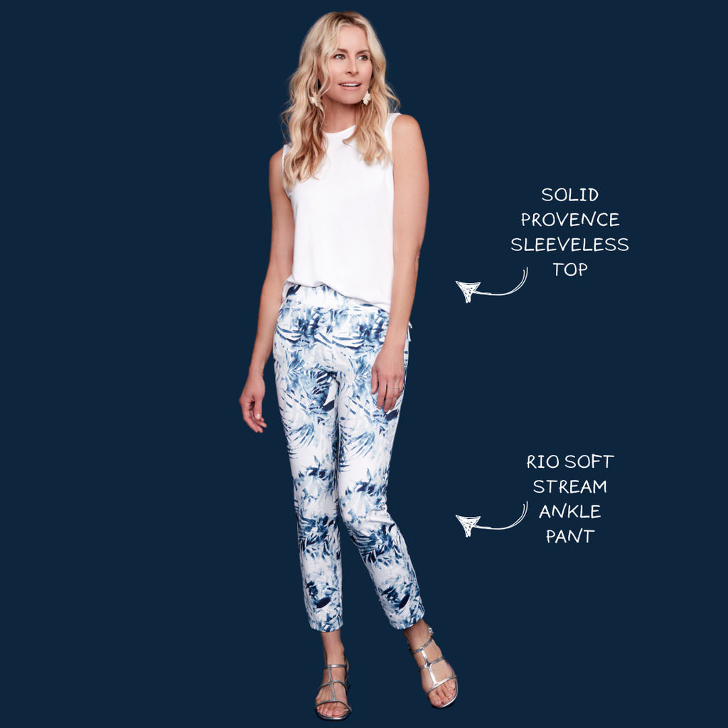 UP! PANTS Tummy Control Soft Stream Ankle Pant 28" in Rio Tropical Print Up Pants Tummy control stockist online Australia flattering body contouring shaping pants high rise waistband signature of double bay Sydney fashion