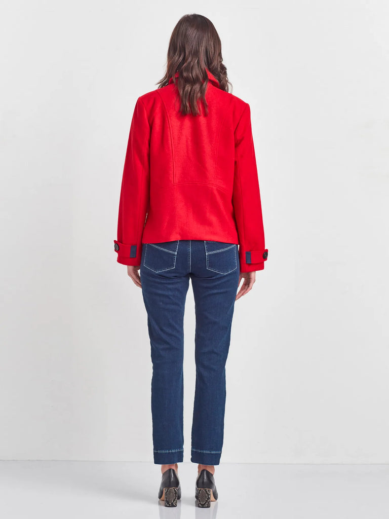 VERGE Inspire Lined Double Breasted Jacket in Ruby Red 8454 Verge Stockist Online Australia Signature of Double Bay Mature Fashion Acrobat Flattering