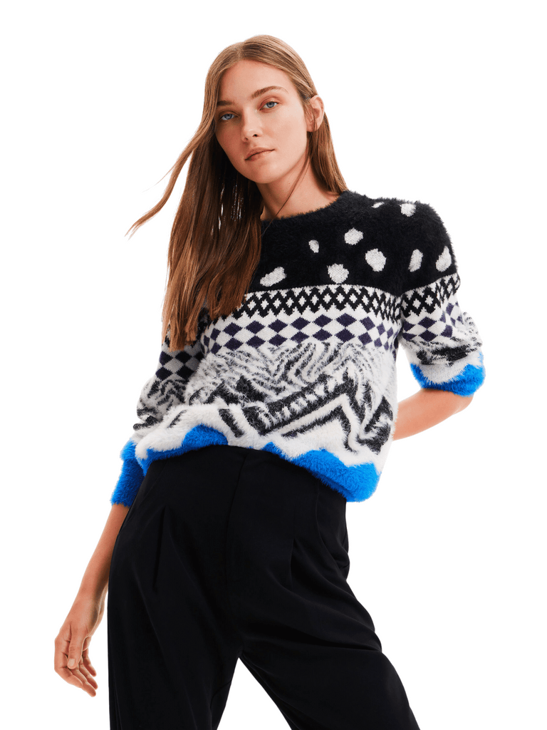 Desigual Long Sleeve Pullover Jumper with Geometric Animal Knit Panels Black and White Desigual Stockist Online Signature of Double Bay European Spanish Fashion Mature Fashion jackets Blazers dresses shirts