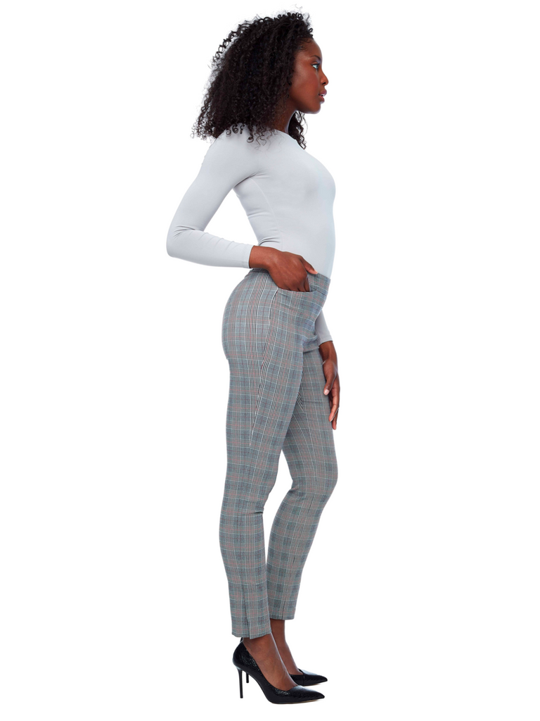 31" Ankle Slit Tummy Control Pant with Pockets in Black, Grey and Red Plaid 67568 Up Pants Tummy control stockist online Australia flattering body contouring shaping pants high rise waistband signature of double bay Sydney fashion