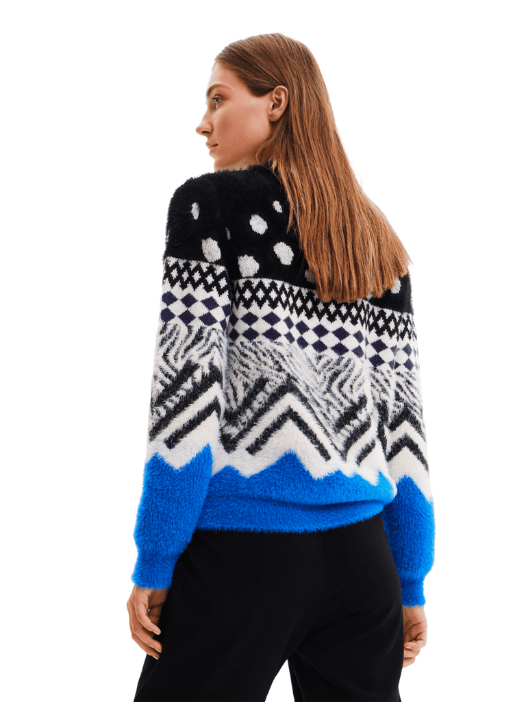 Desigual Long Sleeve Pullover Jumper with Geometric Animal Knit Panels Black and White Desigual Stockist Online Signature of Double Bay European Spanish Fashion Mature Fashion jackets Blazers dresses shirts