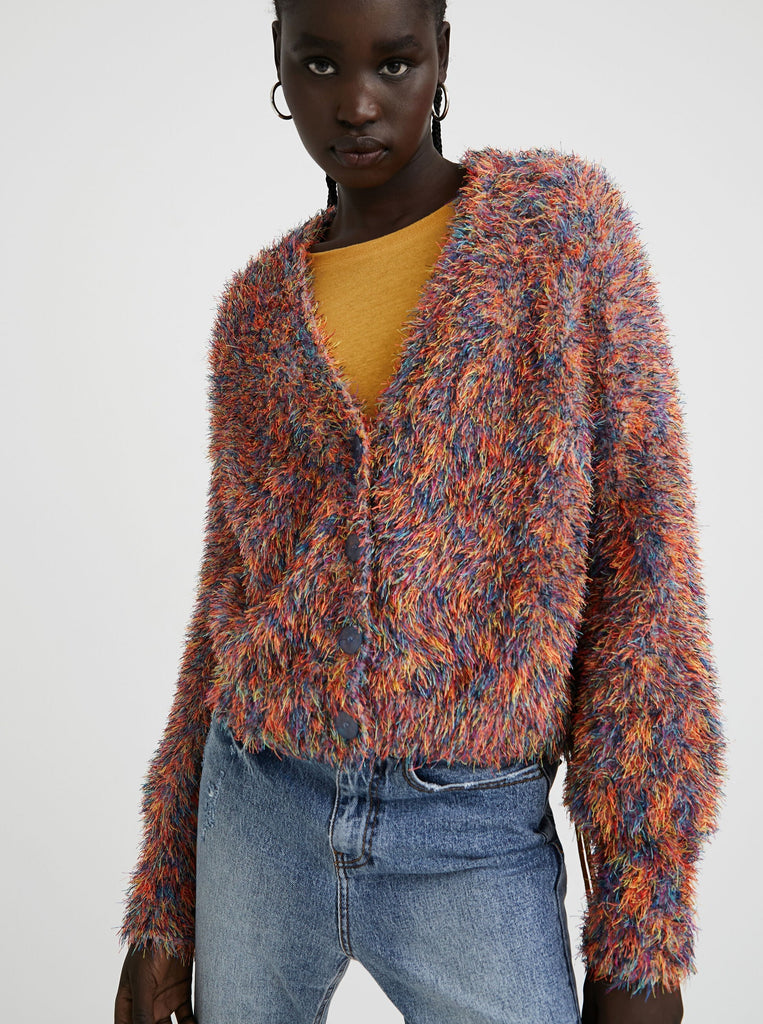 Jers_Fez Tutti Frutti 21WWJFBJ Multi-Coloured Fur-Effect Buttoned Cardigan Shop Desigual Stockist Online Australia Signature of Double Bay European Spanish Fashion Ethical mature fashion