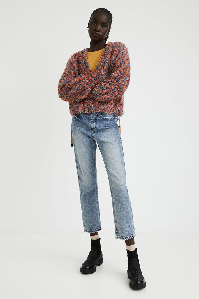 Jers_Fez Tutti Frutti 21WWJFBJ Multi-Coloured Fur-Effect Buttoned Cardigan Shop Desigual Stockist Online Australia Signature of Double Bay European Spanish Fashion Ethical mature fashion