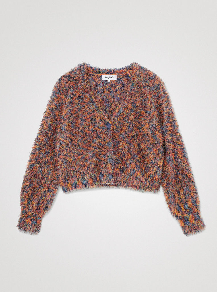 Jers_Fez Tutti Frutti 21WWJFBJ Multi-Coloured Fur-Effect Buttoned Cardigan Shop Desigual Stockist Online Australia Signature of Double Bay European Spanish Fashion Ethical mature fashion