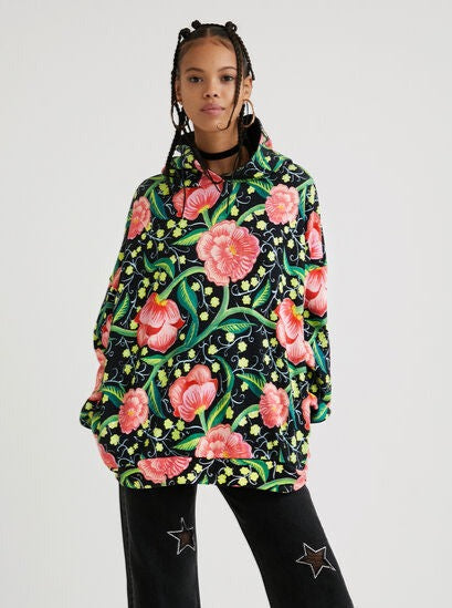 Sweat_Roiane Verde Olivia 21WWSK16 Desigual Roiane Oversized Hooded Sweatshirt Green Floral Print Desigual Stockist Online Signature of Double Bay European Spanish Fashion Mature Fashion jackets Blazers dresses shirts