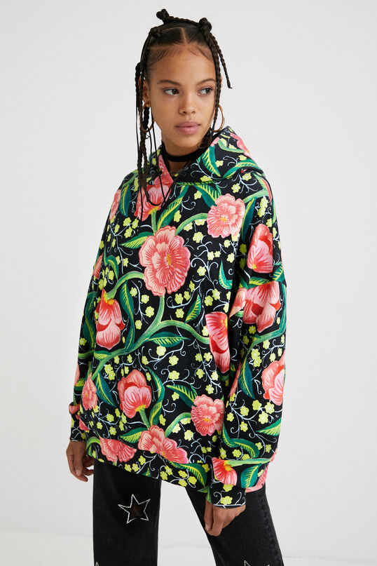 Sweat_Roiane Verde Olivia 21WWSK16 Desigual Roiane Oversized Hooded Sweatshirt Green Floral Print Desigual Stockist Online Signature of Double Bay European Spanish Fashion Mature Fashion jackets Blazers dresses shirts