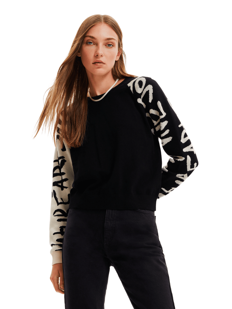 Desigual Long Sleeve Pullover Knitted Jumper with Black and White Manifesto Lettering Sleeves Desigual Stockist Online Signature of Double Bay European Spanish Fashion Mature Fashion jackets Blazers dresses shirts