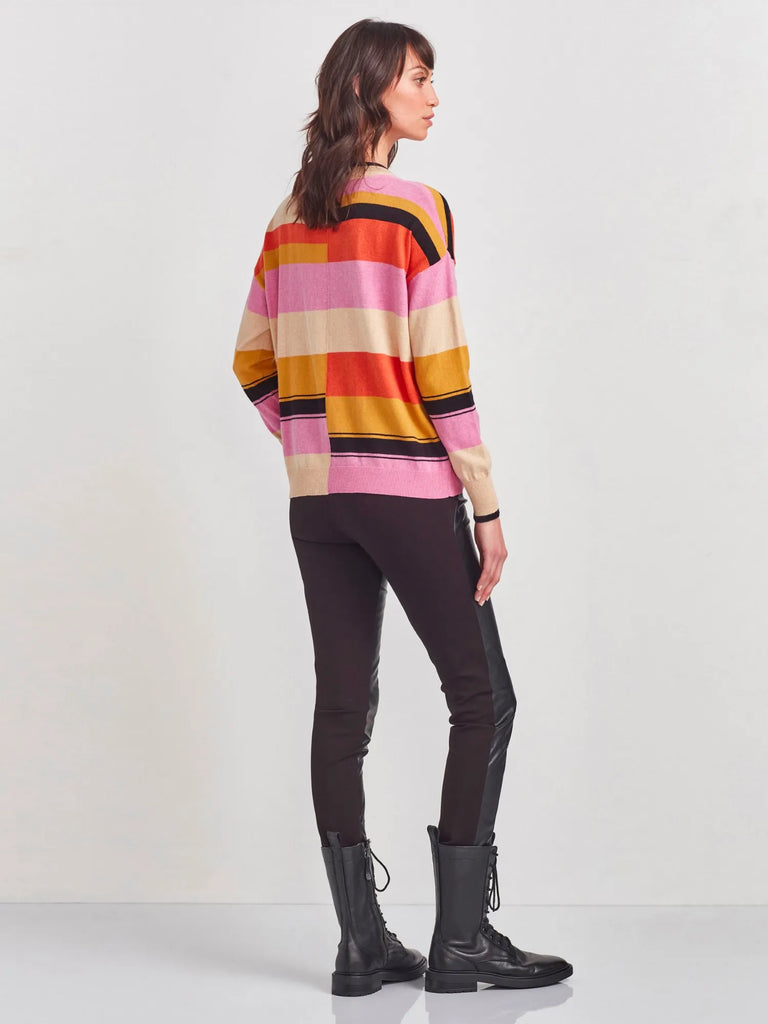 VERGE Crew Neck Appeal Sweater in Multi Colour Block Stripe 8460 Verge Stockist Online Australia Signature of Double Bay Mature Fashion