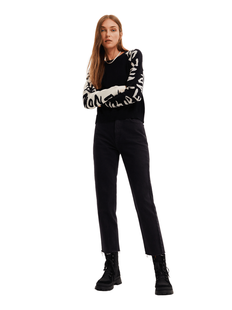 Desigual Long Sleeve Pullover Knitted Jumper with Black and White Manifesto Lettering Sleeves Desigual Stockist Online Signature of Double Bay European Spanish Fashion Mature Fashion jackets Blazers dresses shirts