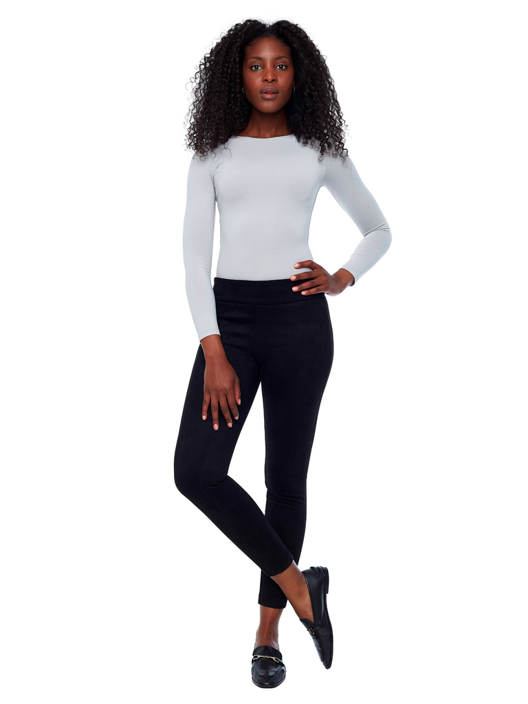 comfortable legging style pant UP! PANTS Slim Leg Tummy Control Vegan Suede Pant in Black 67580 Up Pants Tummy control stockist online Australia flattering body contouring shaping pants high rise waistband signature of double bay Sydney fashion