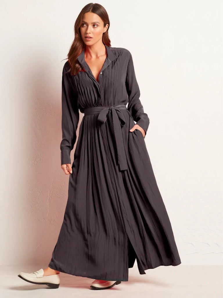 Mela Purdie Long Sleeve Pleat Maxi Dress in Coal Mache 3225 Mela Purdie Stockist Online Australia Signature of Double Bay Tops Dresses Elegant Clothing