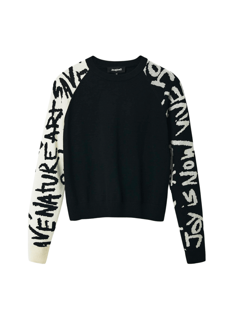 Desigual Long Sleeve Pullover Knitted Jumper with Black and White Manifesto Lettering Sleeves Desigual Stockist Online Signature of Double Bay European Spanish Fashion Mature Fashion jackets Blazers dresses shirts