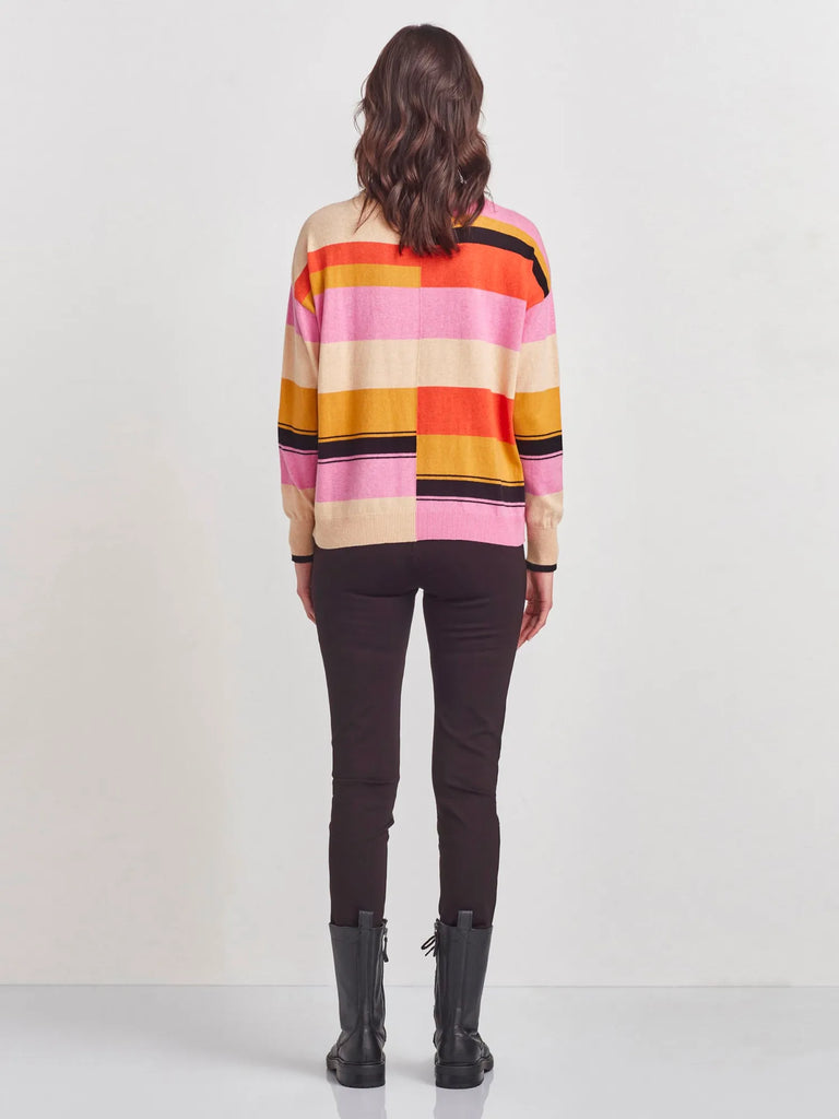 VERGE Crew Neck Appeal Sweater in Multi Colour Block Stripe 8460 Verge Stockist Online Australia Signature of Double Bay Mature Fashion