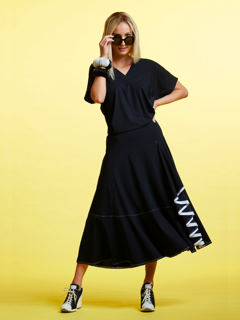 Contrast Stitching Flounced Skirt in Black 8692 Shop Paula Ryan online Signature of Double Bay fashion boutique official stockist womens mature fashion