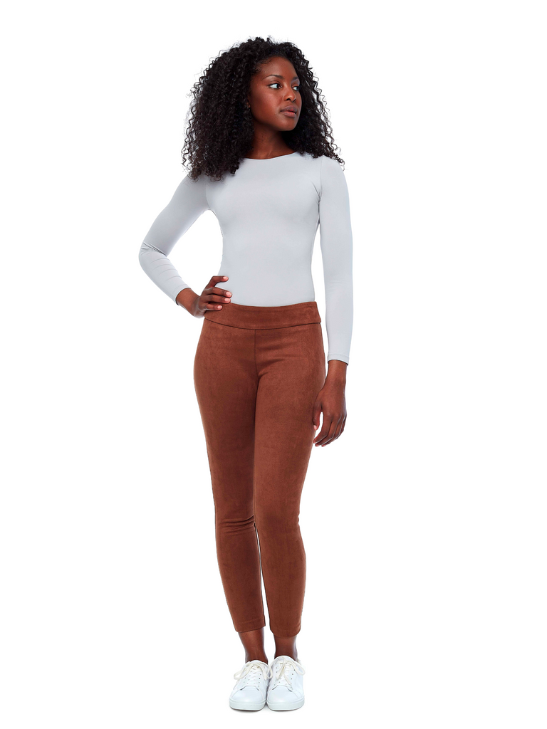 comfortable legging style pant UP! PANTS Slim Leg Tummy Control Vegan Suede Pant in Tan brown 67580 Up Pants Tummy control stockist online Australia flattering body contouring shaping pants high rise waistband signature of double bay Sydney fashion