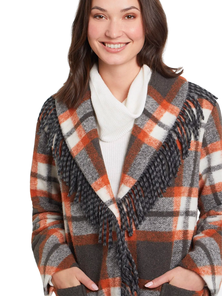 Tribal Fashion Fringe Trim Plaid Coat Sierra 10930 Official Tribal Fashion Canada Stockist Sydney Australia Online Buy Signature of Double Bay