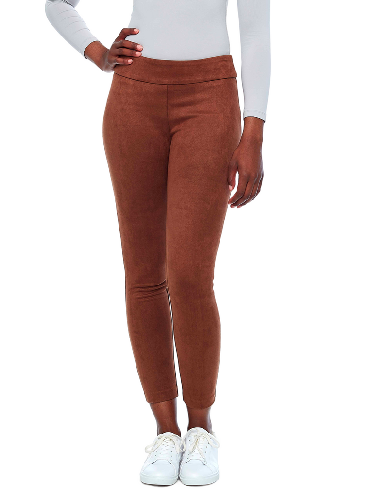 comfortable legging style pant UP! PANTS Slim Leg Tummy Control Vegan Suede Pant in Tan brown 67580 Up Pants Tummy control stockist online Australia flattering body contouring shaping pants high rise waistband signature of double bay Sydney fashion