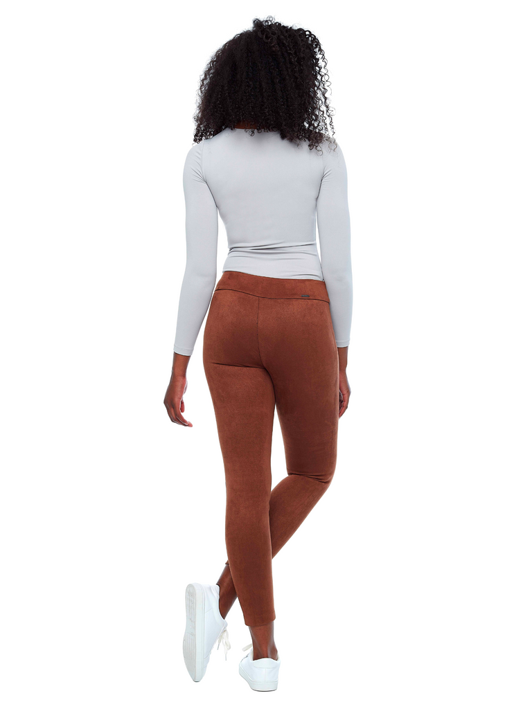 comfortable legging style pant UP! PANTS Slim Leg Tummy Control Vegan Suede Pant in Tan brown 67580 Up Pants Tummy control stockist online Australia flattering body contouring shaping pants high rise waistband signature of double bay Sydney fashion