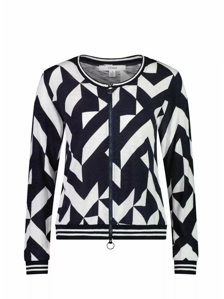 VERGE Locate Cardigan in Blue Velvet and White Graphic Print 8108SF Verge Stockist Online Australia Signature of Double Bay Mature Fashion Acrobat Flattering