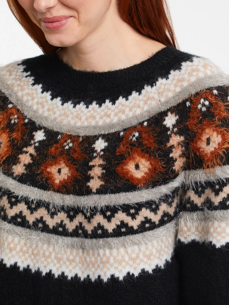 Fair Isle Crew Neck Intarsia Sweater in Black, Tan and Rust Knit 10940 Official Tribal Fashion Canada Stockist Sydney Australia Online Buy Signature of Double Bay