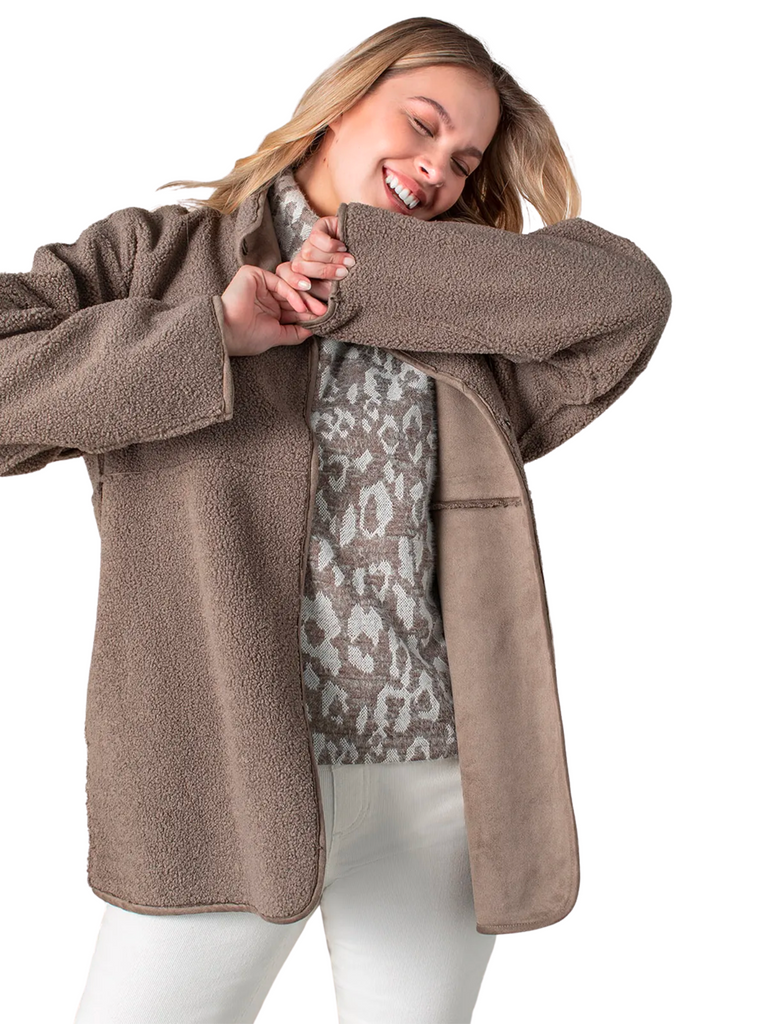 Tribal Fashion Reversible Oversized Sherpa and Faux Suede Coat in Taupe 10930 Official Tribal Fashion Canada Stockist Sydney Australia Online Buy Signature of Double Bay