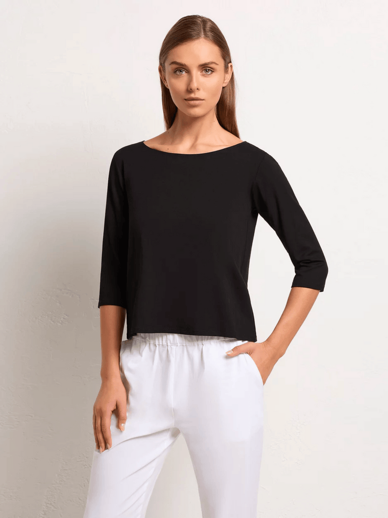 Buy Mela Purdie Online Stockist Sydney Australia Signature of Double Bay Relaxed boat neck top with 3/4 sleeve in black
