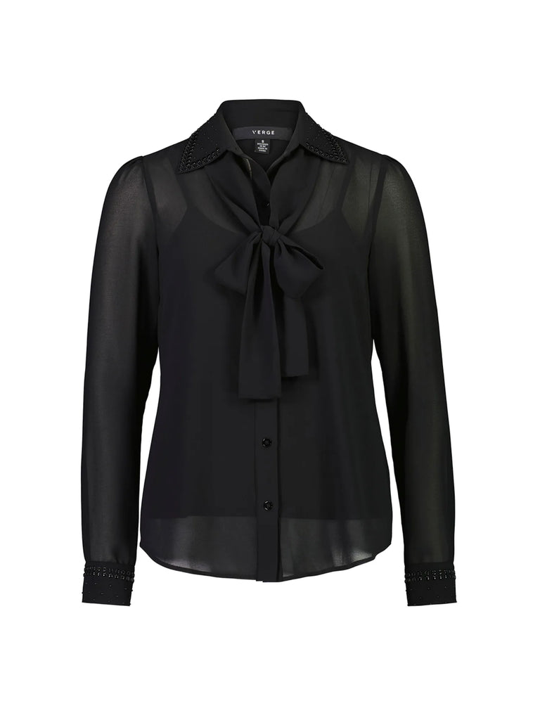 Verge Allure Shirt Black Semi Sheer Long Sleeve Button Shirt Necktie Detail elegant evening top Verge Stockist Online Australia