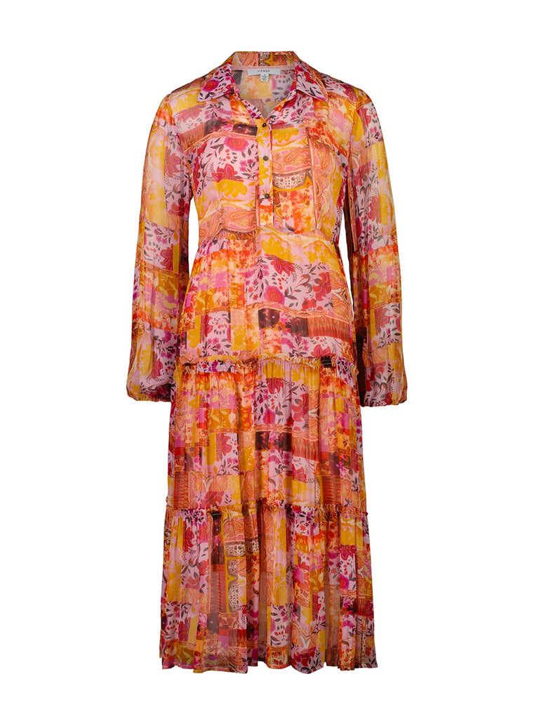 VERGE Refresh Dress 8507 Relaxed Fit Tiered Midi Dress Floral Patchwork Print Verge Stockist Online Australia Signature of Double Bay Mature Fashion