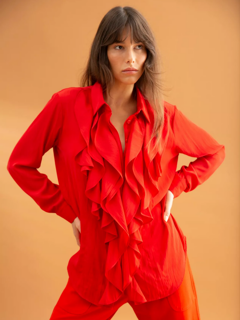 Petal Shirt Tomato Red 8062 Mela Purdie Stockist Online Australia Signature of Double Bay Tops Dresses Elegant Clothing
