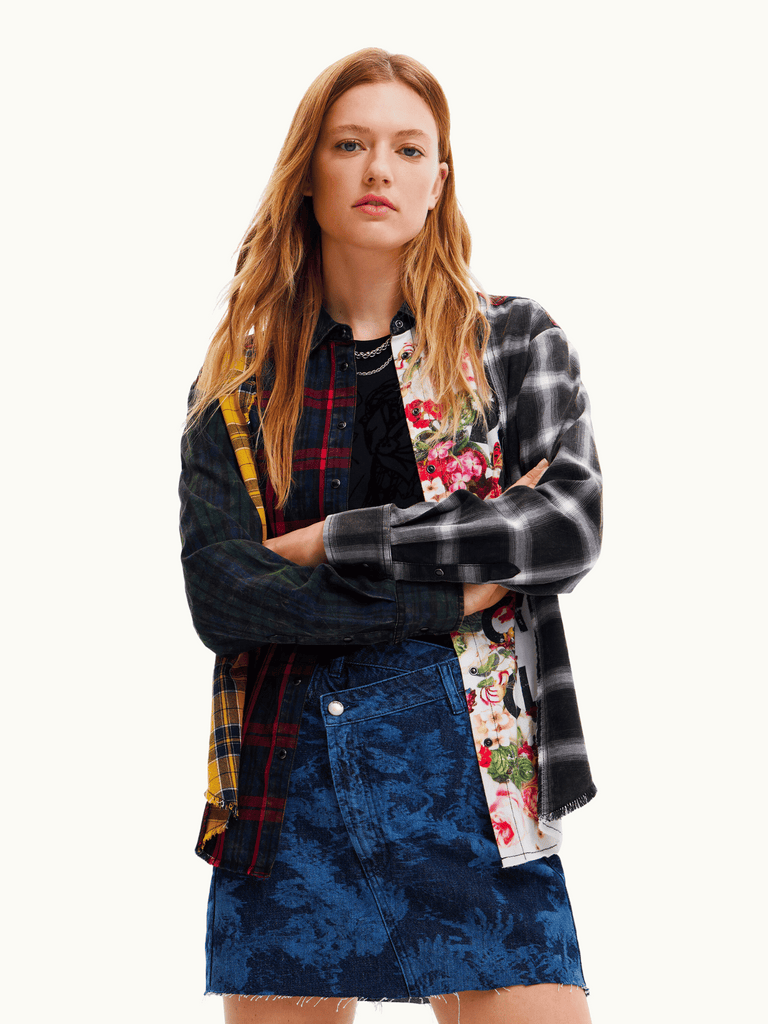 Desigual Long Sleeve Button Down Shirt with Colour Block Plaid and Floral Panels Desigual Stockist Online Signature of Double Bay European Spanish Fashion Mature Fashion jackets Blazers dresses shirts