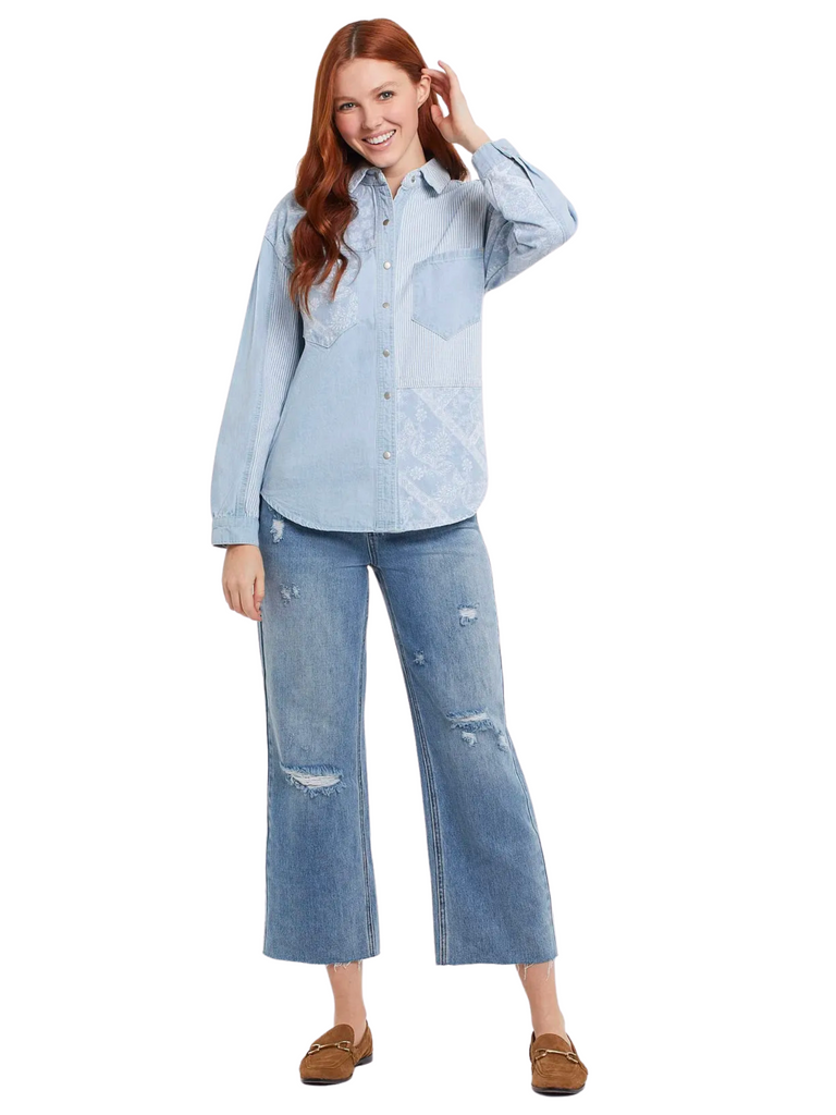 Tribal Fashion Patchwork Front Pocket Denim Shirt Multi Blue 76280 Official Tribal Fashion Canada Stockist Sydney Australia Online Buy Signature of Double Bay