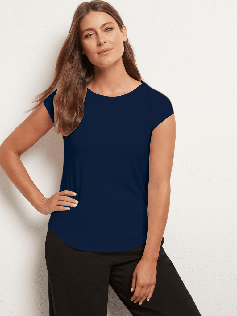 Mela Purdie Cafe Tee shirt boat neckline in French Navy 2135 Mela Purdie Stockist Online Australia Signature of Double Bay Tops Dresses Elegant Clothing