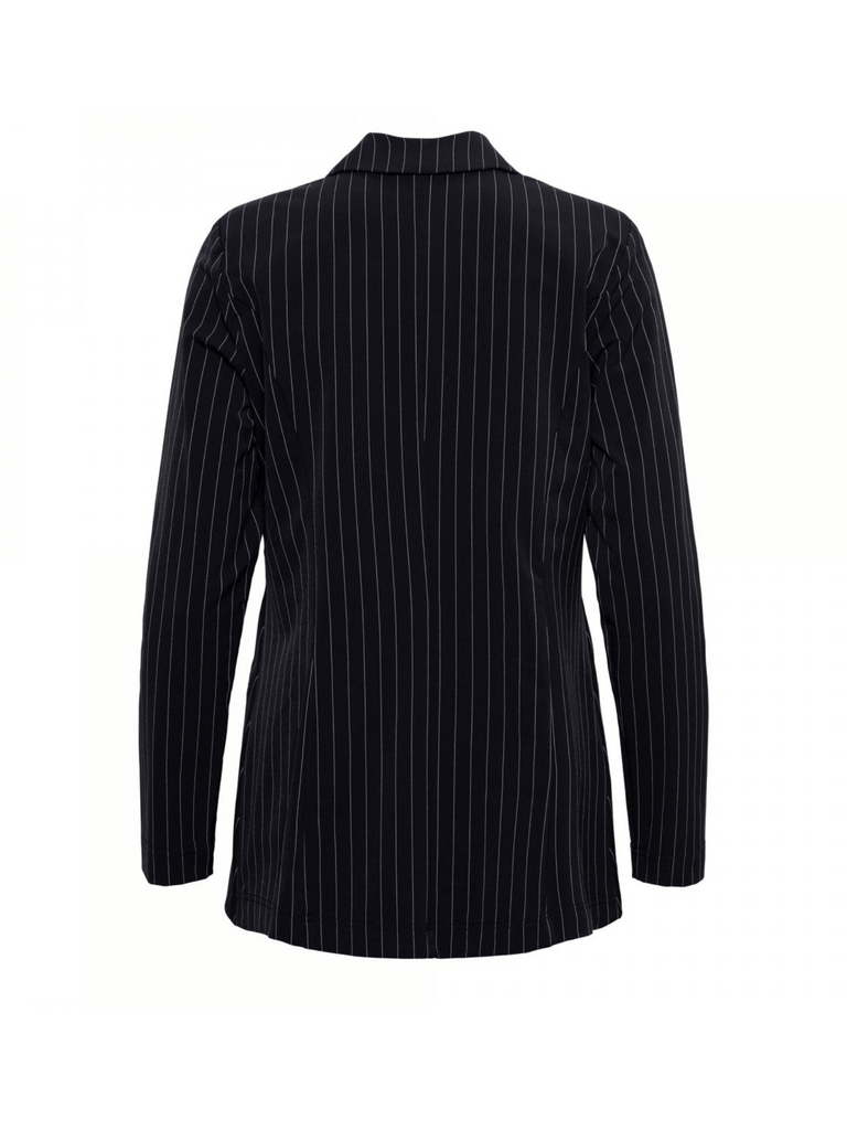 &Co Woman Netherlands Phoebe Single Button Pinstripe Travel Jacket in Black and White wrinkle free longline travel blazer single button unlined jacket with shoulder pads Made from comfortable stretch fabric Online Stockist &co woman travel wear travel clothing online sydney australia lightweight easy care wardrobe essentials