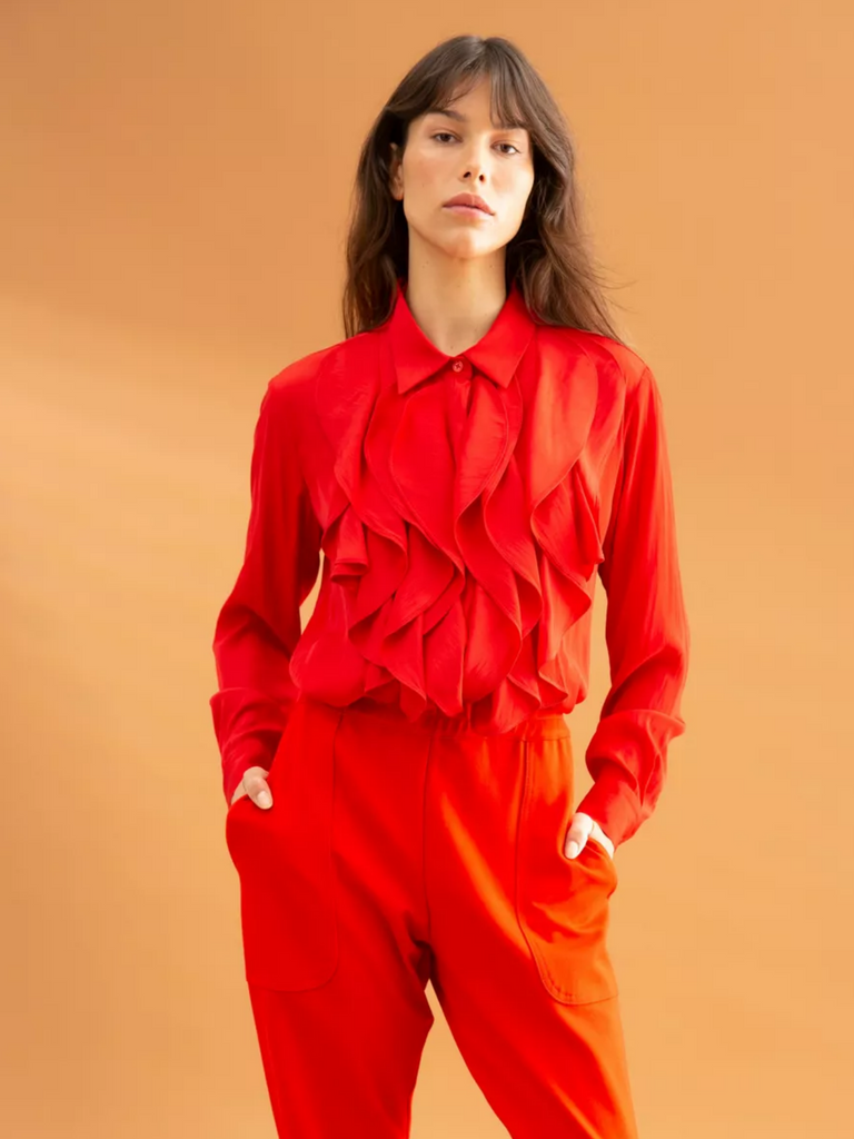 Petal Shirt Tomato Red 8062 Mela Purdie Stockist Online Australia Signature of Double Bay Tops Dresses Elegant Clothing