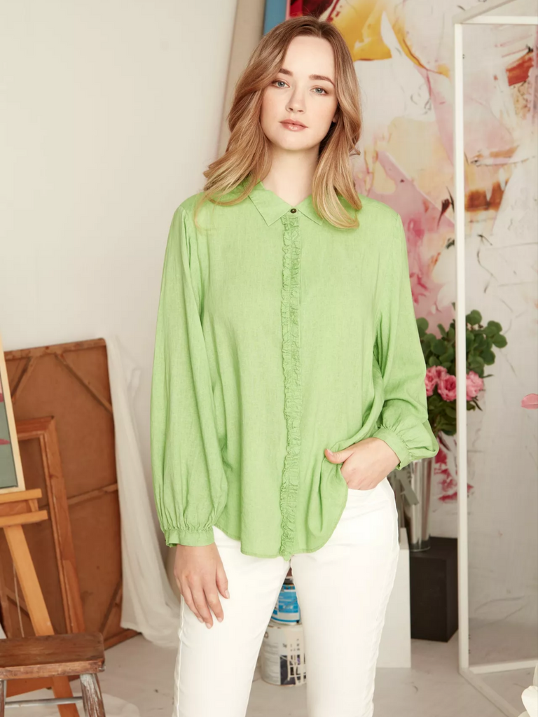 Verge Flare button Shirt in limeade green 8163BR Verge Stockist Online Australia Signature of Double Bay Mature Fashion Acrobat Flattering