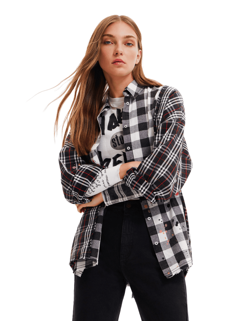 Desigual Long Sleeve Button Down Shirt with Check and Plaid Panels Black and White Desigual Stockist Online Signature of Double Bay European Spanish Fashion Mature Fashion jackets Blazers dresses shirts