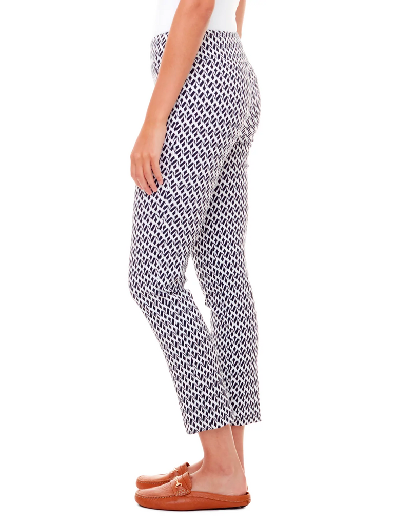 Up Pants stockist online Australia Slim Leg Pant in Abstract Diamond, Black and White Zigzag Print 28" Tummy Control 67443 flattering body contouring shaping pants high rise waistband signature of double bay Sydney fashion