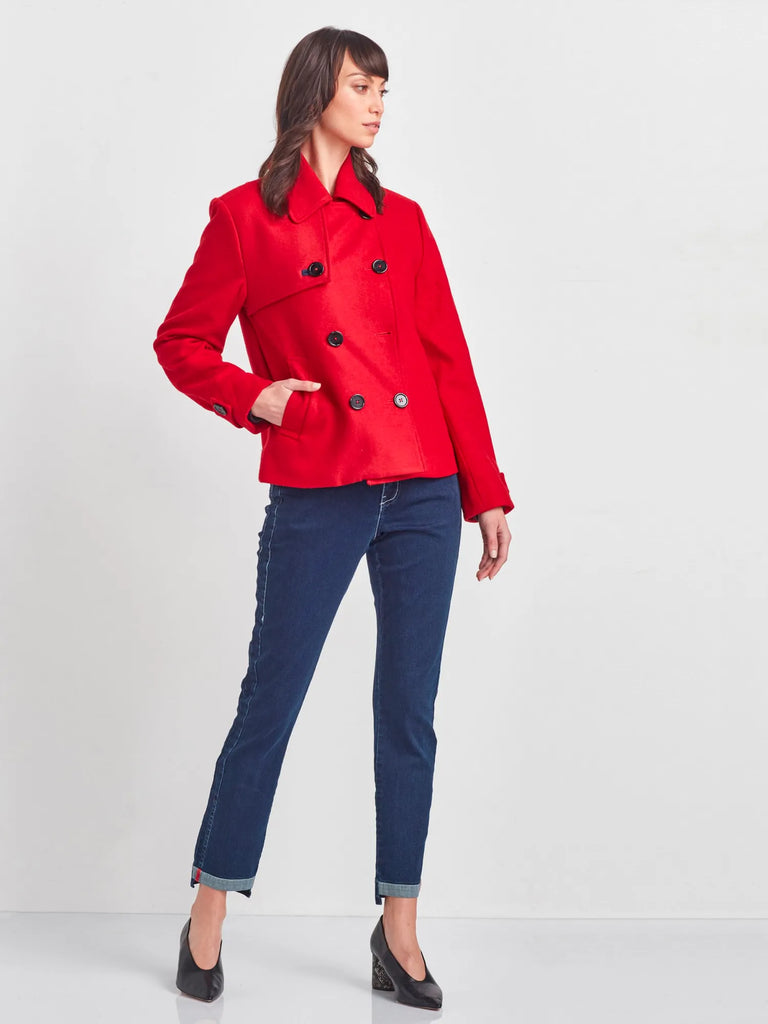 VERGE Inspire Lined Double Breasted Jacket in Ruby Red 8454 Verge Stockist Online Australia Signature of Double Bay Mature Fashion Acrobat Flattering